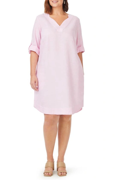 Foxcroft Harmony Roll-tab Three-quarter Sleeve Linen Shift Dress In Pure Pink