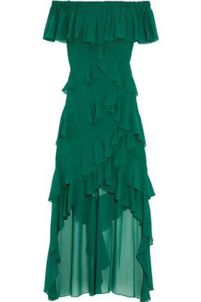 Badgley Mischka Woman Off-the-shoulder Tiered Ruffled Georgette Gown Forest Green