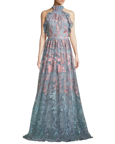 Marchesa Notte Ombr&eacute; Floral Embroidered Halter Gown In Light Blue