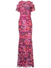 Marchesa Notte Floral 3d Guipure Lace Cold-shoulder Gown In Pink
