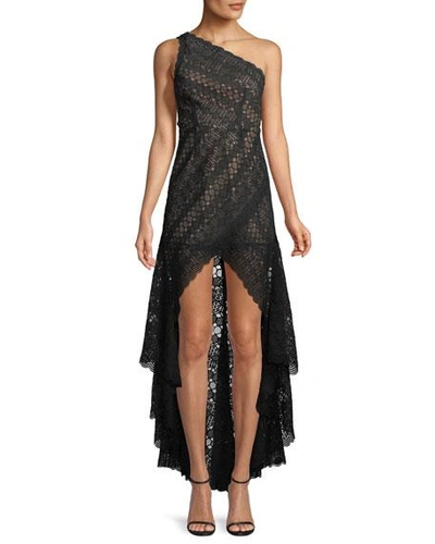 Aijek Asymmetric High-low Lace Cocktail Dress In Black