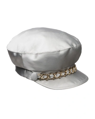 Eugenia Kim Marina Satin Newsboy Hat With Chain Detail In Silver