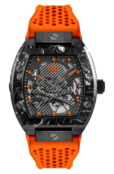 Philipp Plein Men's Automatic The $keleton Sport Master Orange Perforated Silicone Strap Watch 44x56mm In Ip Black