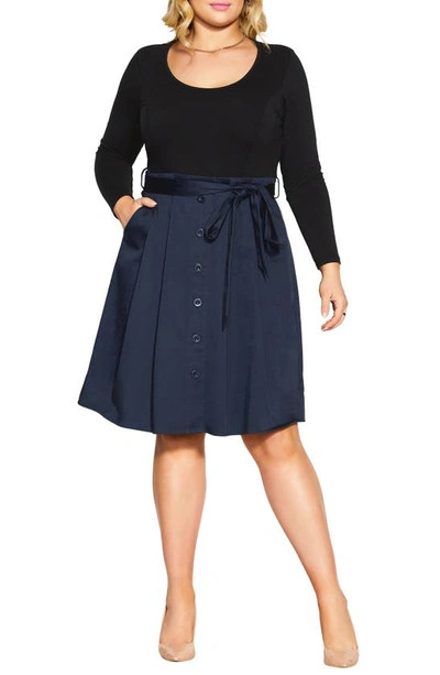 City Chic Uptown Girl Long Sleeve Dress In Navy