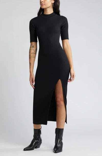 Open Edit Mock Neck Rib Midi Dress In Black