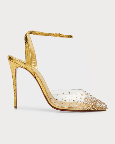 Christian Louboutin Spikaqueen Crystal Ankle-strap Red Sole Pumps In Gold