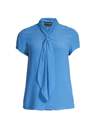 Emporio Armani Button-down Tie-front Crepe Blouse In Blue