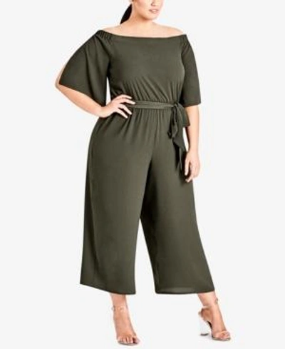 City Chic Trendy Plus Size Off-the-shoulder Jumpsuit In Olive/khaki