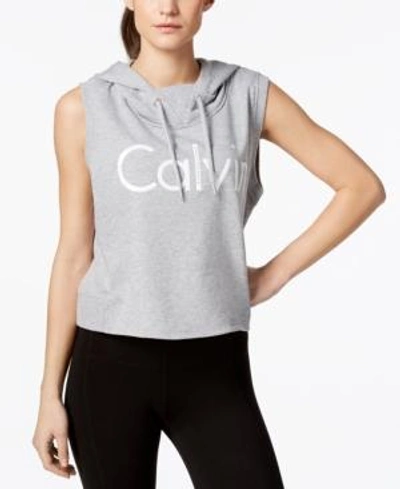 Calvin Klein Performance Logo Sleeveless Cropped Hoodie In Pearl Grey Heather