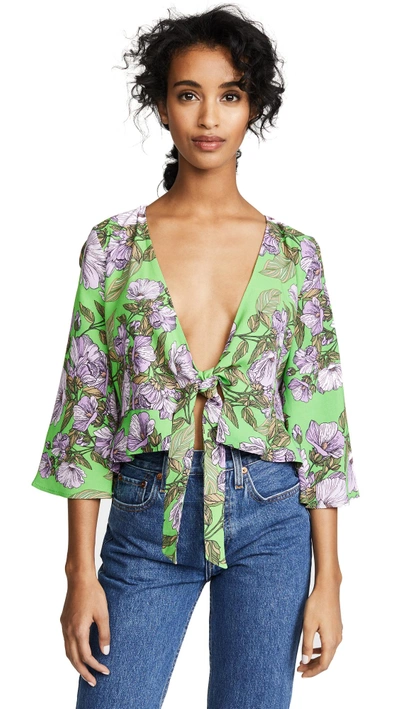 Backstage Mia Tie Front Top In Green Purple Floral