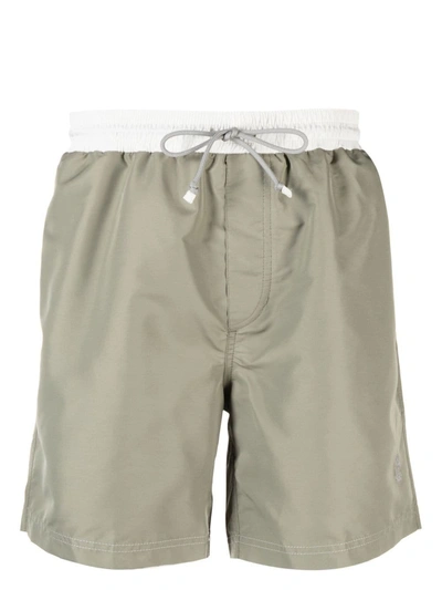 Brunello Cucinelli Embroidered-logo Swim Shorts In Green