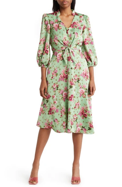 Julia Jordan Floral Print Tie Front Long Sleeve Dress In Green Multi