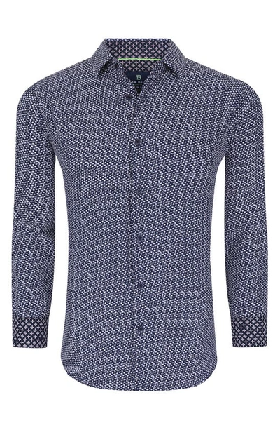 Tom Baine Regular Fit Performance Stretch Long Sleeve Button Front Shirt In Navy Dots