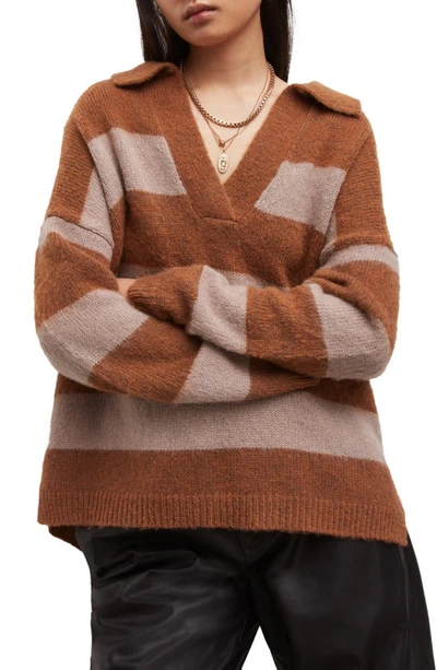 Allsaints Lou Stripe Oversize Polo Sweater In Ginger Brown/ Pink