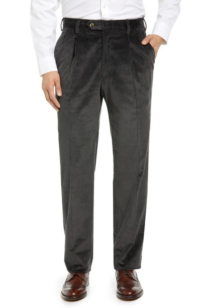 Berle Traditional Fit Pleated Corduroy Trousers In Charcoal