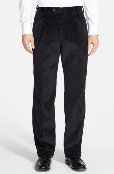 Berle Traditional Fit Pleated Corduroy Trousers In Navy