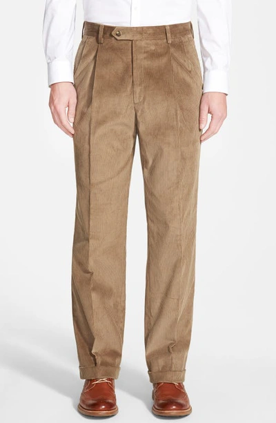 Berle Traditional Fit Pleated Corduroy Trousers In Tan