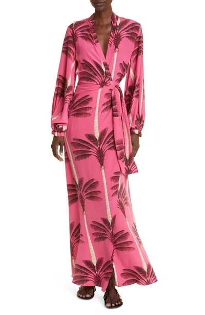 Johanna Ortiz Untamed Tropics Long Sleeve Silk Wrap Maxi Dress In Cuba Pink Wine