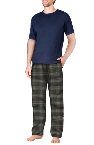 Sleephero Short Sleeve Plaid Flannel Pajama Set In Navy With Green And Navy Plaid