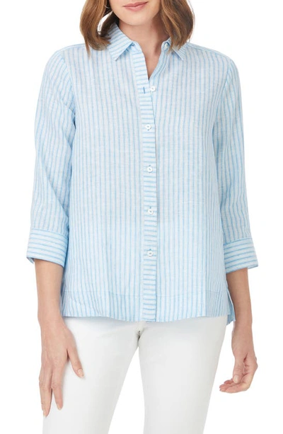 Foxcroft Harley Stripe Linen Button-up Shirt In Blue Breeze