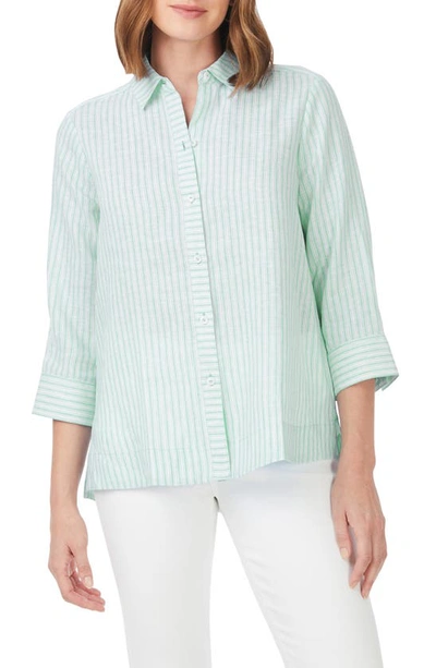 Foxcroft Harley Stripe Linen Button-up Shirt In Sea Mist