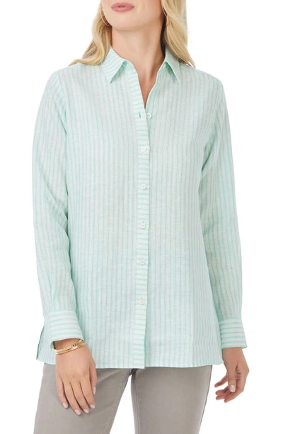 Foxcroft Jordan Stripe Linen Button-up Shirt In Sea Mist