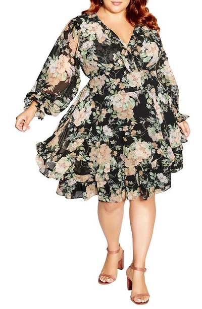City Chic Lottie Floral Long Sleeve A-line Dress In Victorian Floral