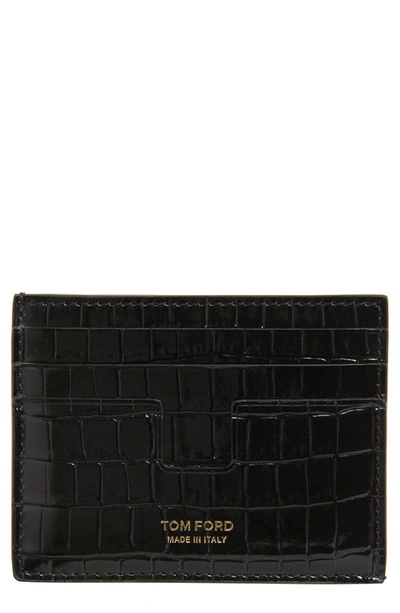 Tom Ford T-line Croc Embossed Patent Leather Card Holder In Black