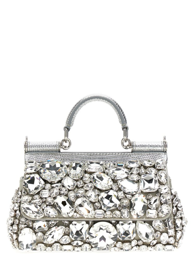 Dolce & Gabbana Crystal Embellished Leather Top Handle Shoulder Bag In Silver