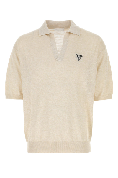 Prada Logo Embroidered Short Sleeved Knitted Polo Shirt In Beige O Tan