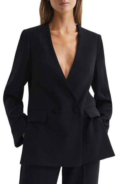Reiss Black Collarless Double Breasted Suit Blazer