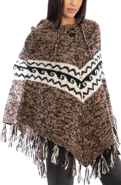 Saachi Tassel Wool Knit Poncho In Beige