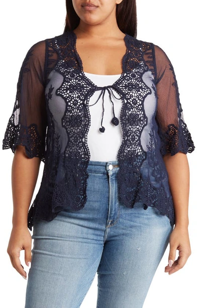 Forgotten Grace Tie Front Crochet Lace Trim Top In Navy