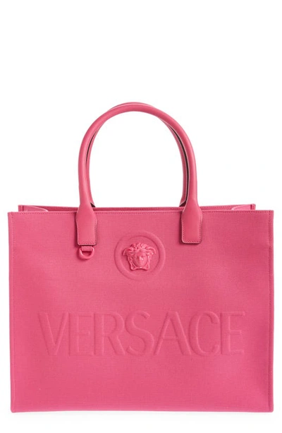 Versace La Medusa Canvas Tote In Fuchsia/  Gold