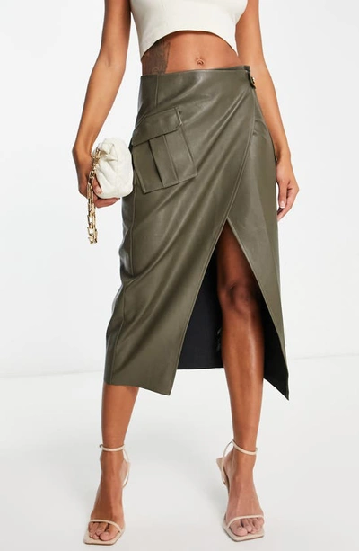 Asos Design Faux Leather Cargo Skirt In Khaki