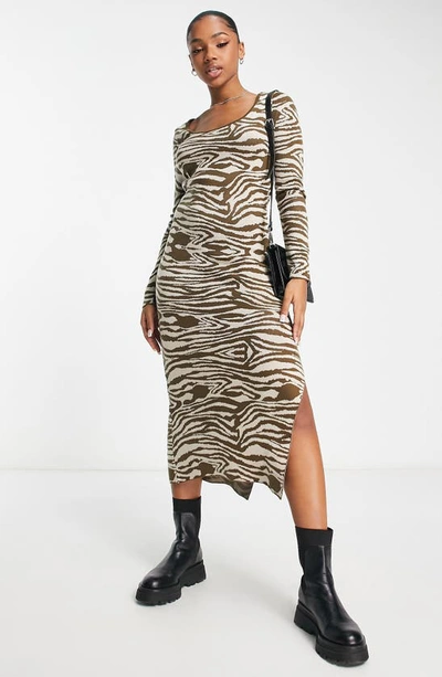 Asos Design Zebra Long Sleeve Sweater Midi Dress In Multi