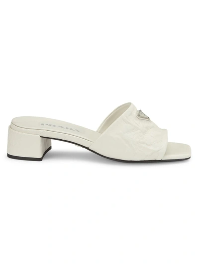 Prada Antique Leather Block Heel Mules In White