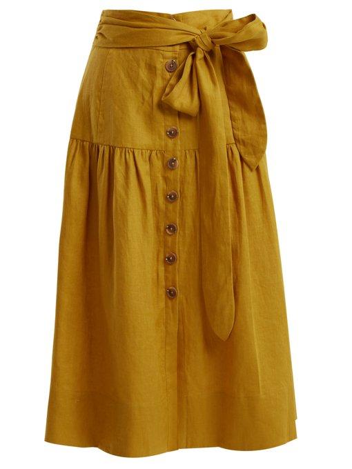 Sea Elsie Tie-waist Linen Midi Skirt In Yellow | ModeSens