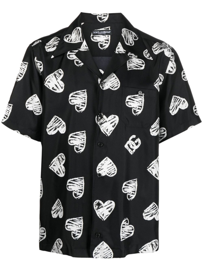 Dolce & Gabbana Silk Twill Shirt Hawaiian Shirt With Dg Heart Print In Black,white