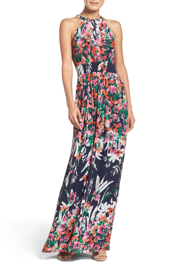 halterneck chiffon maxi dress navy