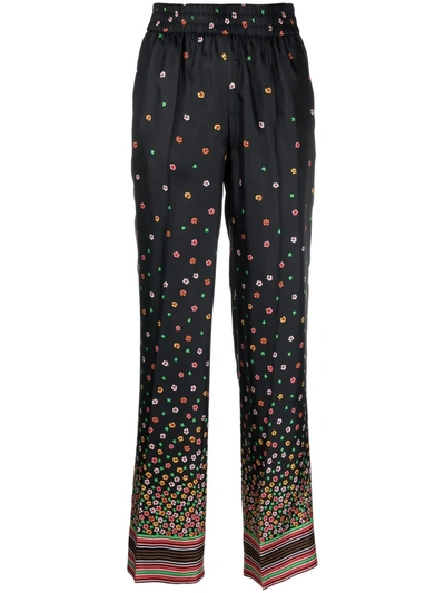 Red Valentino Floral Print Silk Trousers In Black