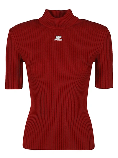 Courrèges High-neck Ribbed Knit Top In Rosso