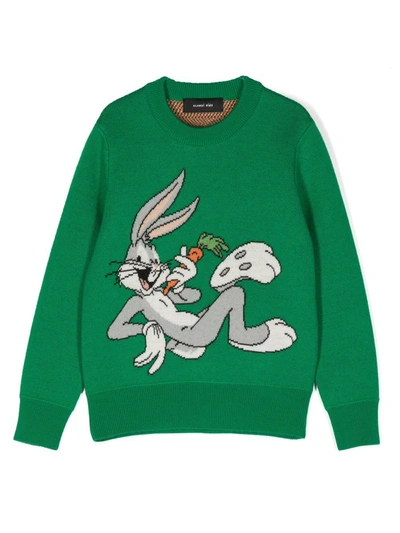 Alanui Kids' X Looney Tunes Bugs Bunny提花初剪羊毛毛衣 In Green