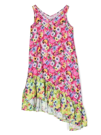 Msgm Kids' Multicolor Dress For Girl With Floral Print In Pink