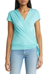 Loveappella Faux Wrap Top In Aqua