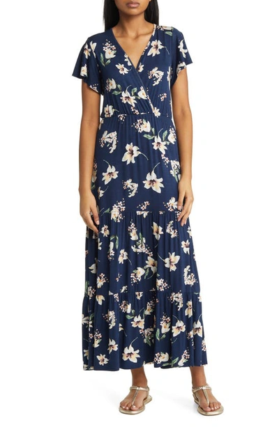 Loveappella Floral Tiered Faux Wrap Knit Maxi Dress In Navy