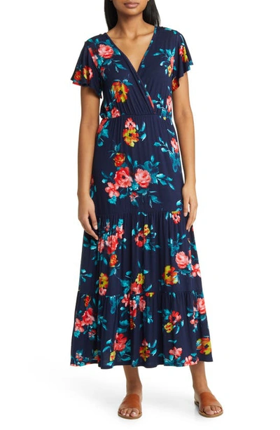 Loveappella Floral Tiered Faux Wrap Knit Maxi Dress In Navy/ Coral