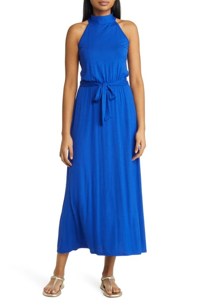 Loveappella Tie Waist Halter Maxi Dress In Royal