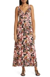 Loveappella Palm Print Surplice V-neck Knit Maxi Dress In Black/ Marsala