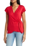 Loveappella Flutter Sleeve Jersey Wrap Top In Red